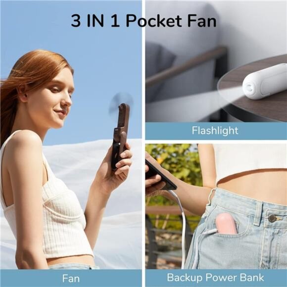 "3-in-1 Handheld Mini Fan: USB Rechargeable, Power‎ Bank & Flashlight (Pink)" - Picture 2 of 7